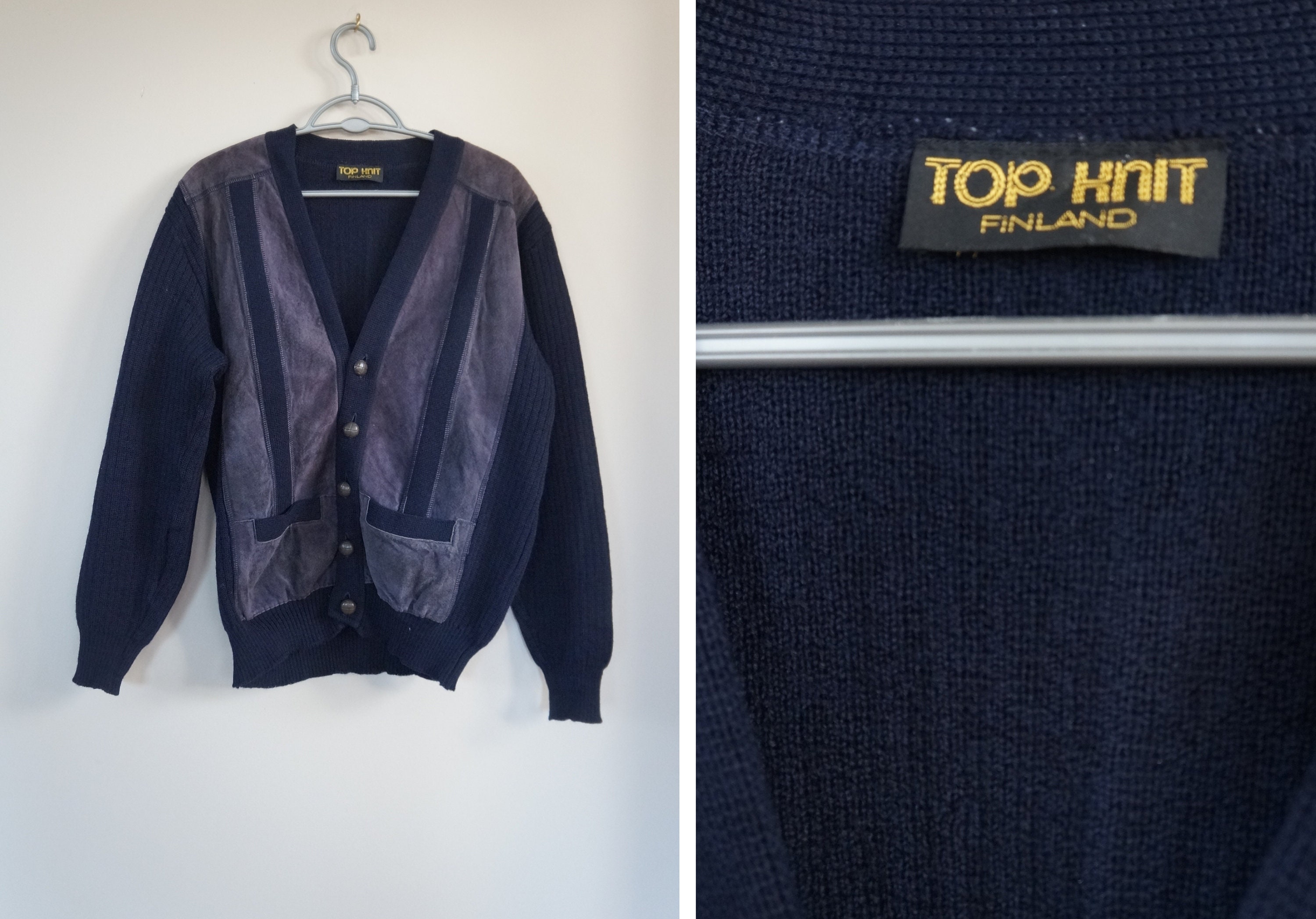 Vintage 80s Knit Cardigan Jacket: Blue Leather Detail, Mens XL - Etsy