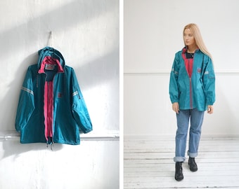 Vintage 90s Rain Jacket Blue Windbreaker L XL Colorful Windbreaker Womens Oversize Rain Jacket Hooded Windbreaker Mens L Windbreaker