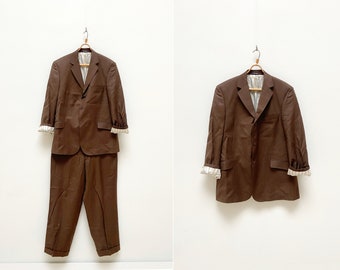 Vintage Zanetti Brown Striped Wool Suit: 90s Two-Piece Formal Suit L