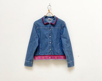 Vintage ESPRIT Denim Jacket: Floral Trim Jean Shirt, Medium
