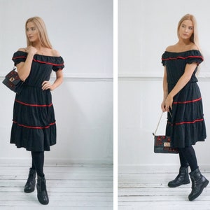 Vintage 90s Flamenco Dress Womens Dirndl Dress Black Red Dress Off Shoulder Dress Black Frill Dress Striped Dress M L Womens Frill Dress M L