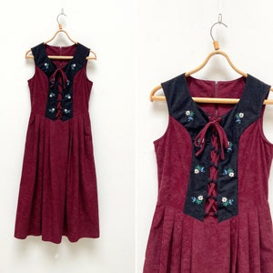 Vintage 90s Trachten Dress Women Bordo Dirndl Dress Bavarian Dress Austrian Folk Dress Front Tie Dress Bordo Trachten Dress Oktoberfest