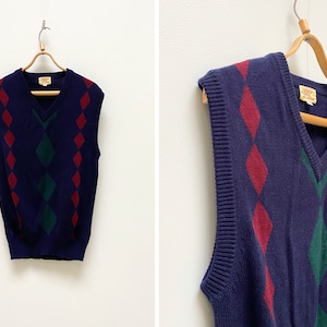 Vintage 90s Argyle Vest S Mens Blue Sweater Vest Geometric Vest Argyle Gilet S Knitted Top Vest V Neck Vest Geometric Sweater Vest Small