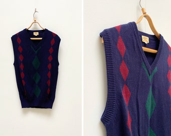 Vintage 90er Jahre Pullover Weste: Blaue Geometrisch Strickweste (Größe S)