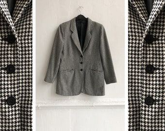 Vintage Houndstooth Wool Blazer: 90s Oversized Check Jacket, Womens M