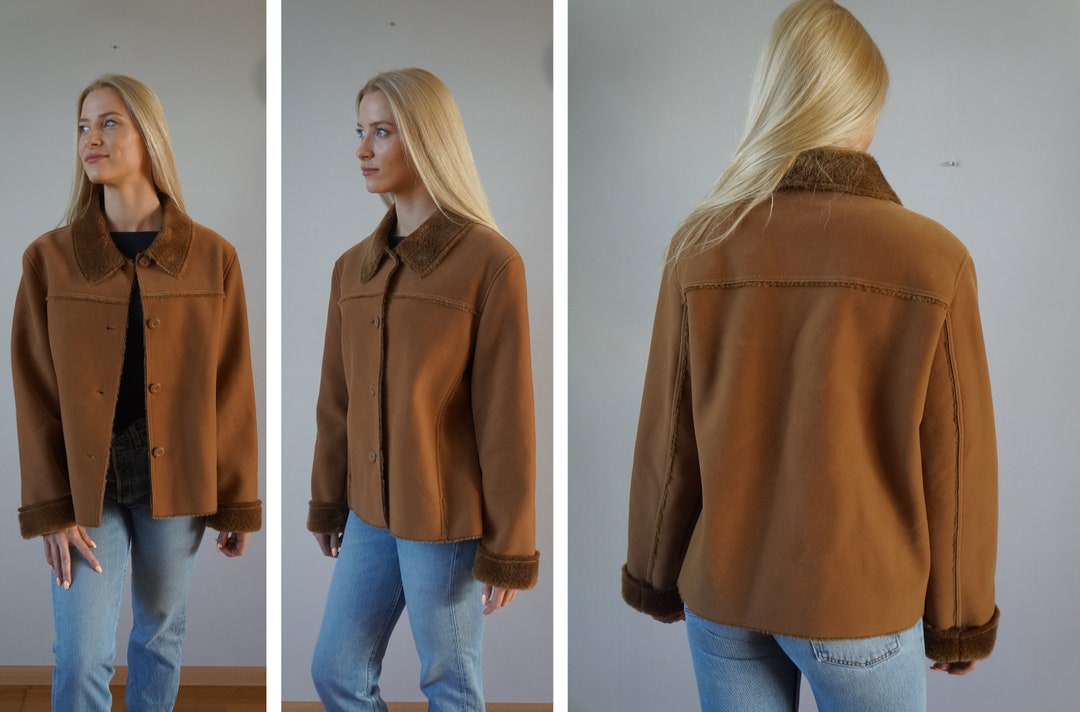 View of Vintage Faux Fur Lined Brown Jacket: Autumn Cropped Coat - Etsy
