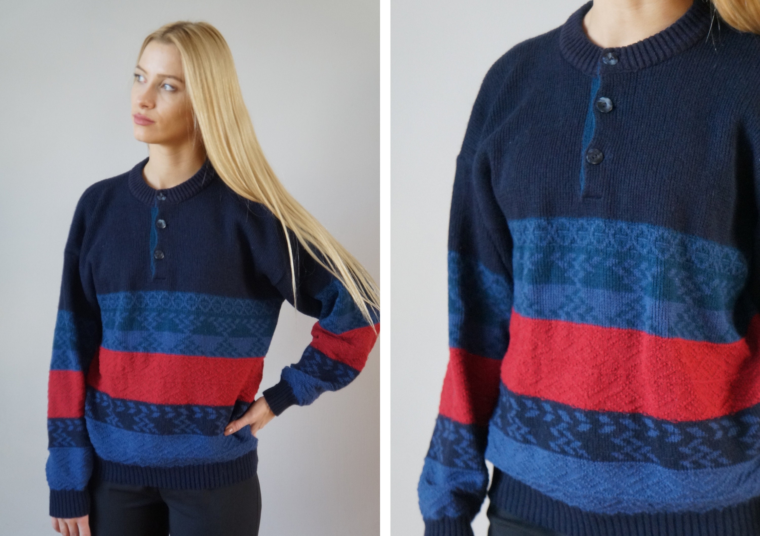 Vintage 90s Womens Sweater Nordic Knitted Jumper Mens M Sweater Oversize Hipster Sweater Womens Jumper M L Blue Red Womens Wool Jumper M