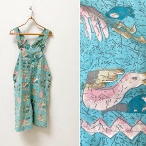 Vintage 90s Dungarees M Summer Overalls Fisherman Dungarees Patterned Strapped Jumpsuit Blue Pants Bibs Festival Overall Fish Pattern Bibs M