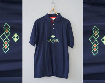 Vintage 90s Polo Shirt Mens L Embroidered Polo Shirt Blue Tee Mens Large Blue Red Green Short Sleeve Top Womens Boyfriend Shirt Blue Shirt L