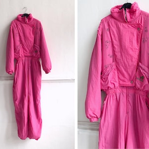 Vintage 80s Ski Suit One Piece Ski Suit Womens M L Snow Suit Retro Ski Wear Pink Ski Suit Neon Pink Snowboard Ski Coveralls