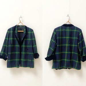 Vintage 90s Eila Helen Blazer Women Check Wool Blazer Blue Green Blazer Velvet Detail Blazer Plaid Wool Blazer Women Smart Blazer M L