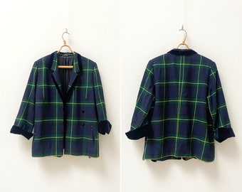 Vintage 90s Eila Helen Blazer Women Check Wool Blazer Blue Green Blazer Velvet Detail Blazer Plaid Wool Blazer Women Smart Blazer M L