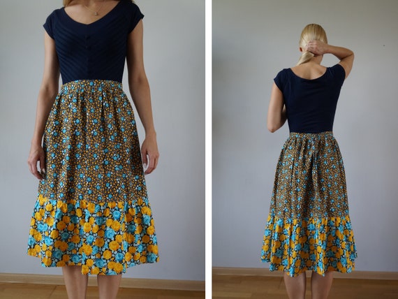 Vintage 90s Floral Print Skirts High Waisted Circle Skirt M Abstract Floral Print Midi Skirt Black Blue Yellow Patterned Full Skirt W 27 Etsy Canada
