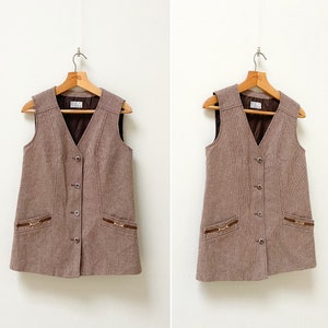 Vintage 90s Brown Wool Waistcoat Women Wool Vest Horse Riding Vest Plaid Waistcoat Women Long Vest Plaid Wool Vest Patterned Waistcoat M