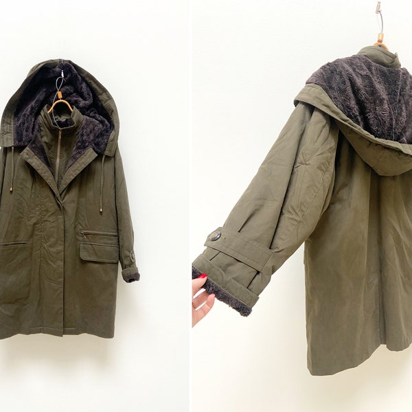 vintage années 90 Khaki Coat Women Green Parka Women’s Fur Trim Eskimo Jacket Oversize Coat S Hooded Coat Khaki Jacket Women Field Jacket EU 36