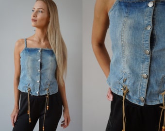 Vintage denim top cowgirl top vintage cowboy blouse Boho top denim kleine vintage westerse top mouwloos top denim Boho top S