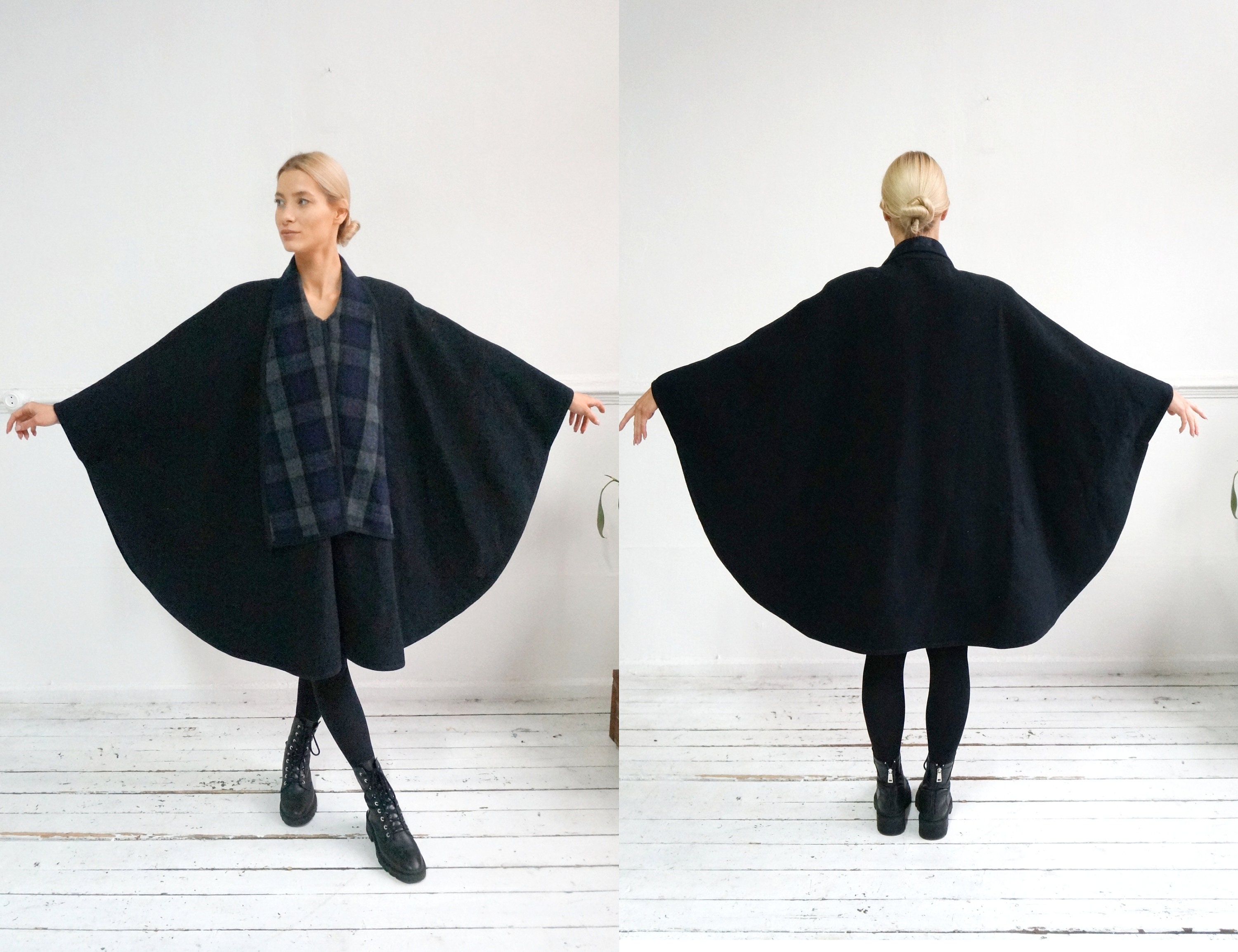 80s～ wool poncho coat Vintage 90s Poncho Coat Womens Wool Coat Dark Blue Cape Blue