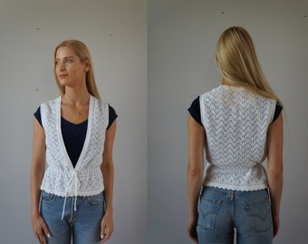 Vintage 90s Strickweste: Handgemachtes weißes ärmelloses Top, Größe S