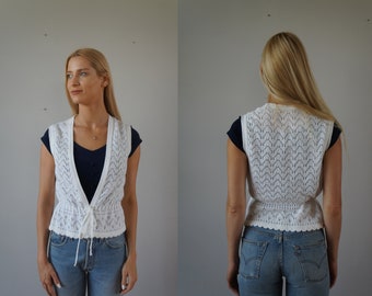 Vintage 90s Knitted Vest Womens White Top S Vintage White Waistcoat Sleeveless Knit Top S Sleeveless Sweater Womens Size S Knitted Waistcoat