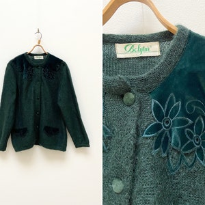 Vintage 90s Green Mohair Cardigan Dark Green Wool Cardigan Floral Mohair Jacket Women Mohair Jacket Green Wool Cardigan L Floral Cardigan L
