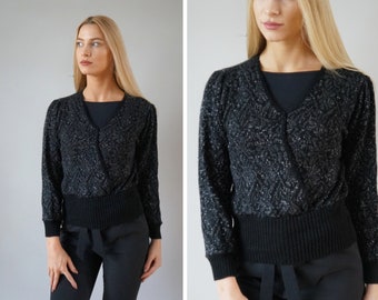 Vintage 90s Metallic Sweater: Gray Silver Black Layered Jumper