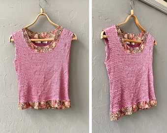 Vintage 90s Ribbed Tank Top: Floral Trim, Size M/L