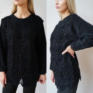 Vintage Black Floral Embroidery Sweater Size Large Black Jumper Black Sweater Vintage 90s Sweater Vintage Oversize Sweater Jumper Size L