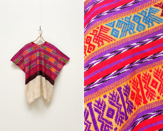 Vintage 90s Ethnic Poncho Colourful Hippie Shirt … - image 1