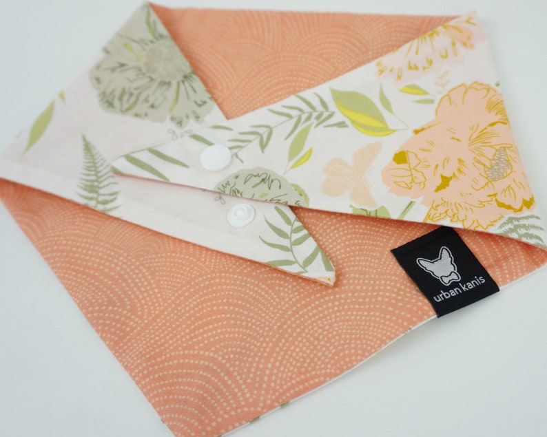 Flowers on white and light coral pattern Reversible snap-on dog bandana In full bloom