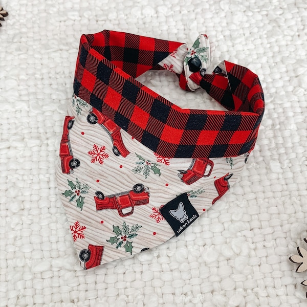 Vintage holidays - Christmas red truck on beige and red Buffalo plaid Reversible snap-on dog or cat bandana