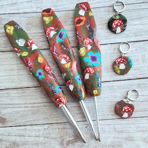 Polymer Clay Crochet Hook with Mushroom Design and Free Stitch Marker