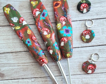 Polymer Clay Crochet Hook with Mushroom Design and Free Stitch Marker