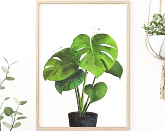 Monstera Digital Download Plant Art, Watercolour Art, Printable Art, Botanical Print, Greenery, Leaf Art, Pot Plant Print