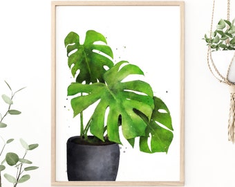 Monstera Digital Download Plant Art, Watercolour Art, Printable Art, Botanical Print, Greenery, Leaf Art, Pot Plant Print