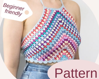 Patrón de top corto cuadrado de abuela a crochet: espalda abierta, ideal para principiantes (tallas XS-L)