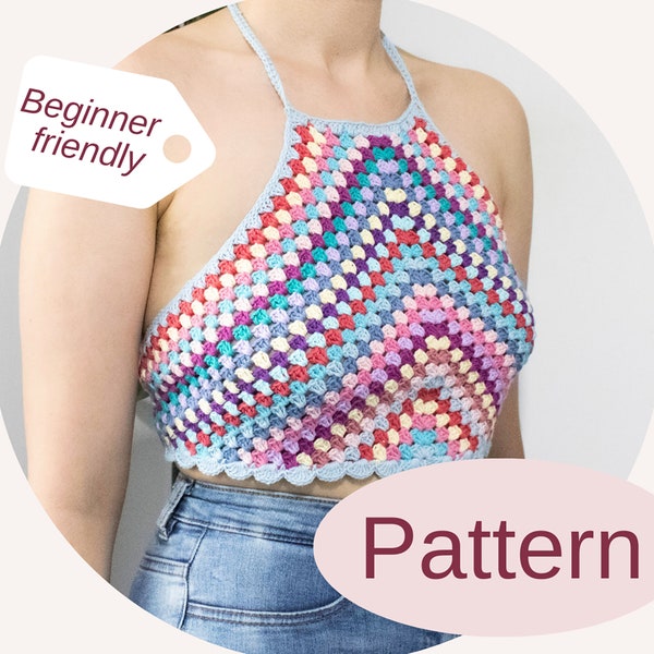 PATTERN - Crochet, open back, granny square crop top. Multicolored top, sizes XS, S, M and L.