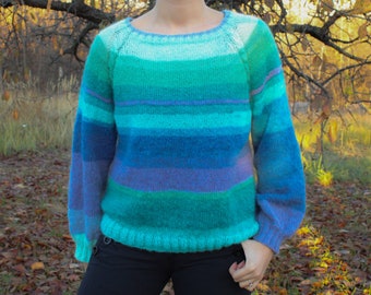 6 color options - Mohair, Wool and Acrylic Handknitted Blue Top Down Raglan Seamless Sweater with Baloon Sleeves.