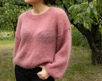 Custom size and color Mohair Fluffy Handknitted Oversized Sweater with Puff Sleeves