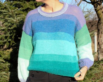 6 color options - Wool, Mohair and Acrylic Handknitted Blue, Navy and Teal Sweater