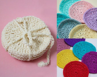 Disques démaquillants réutilisables en coton au crochet. 3 choix de couleurs. Ensemble de 6 disques disponibles en 3 options de couleur.