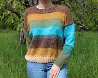 Wool and Acrylic Handknitted Blue, Brown and Yellow Sweater