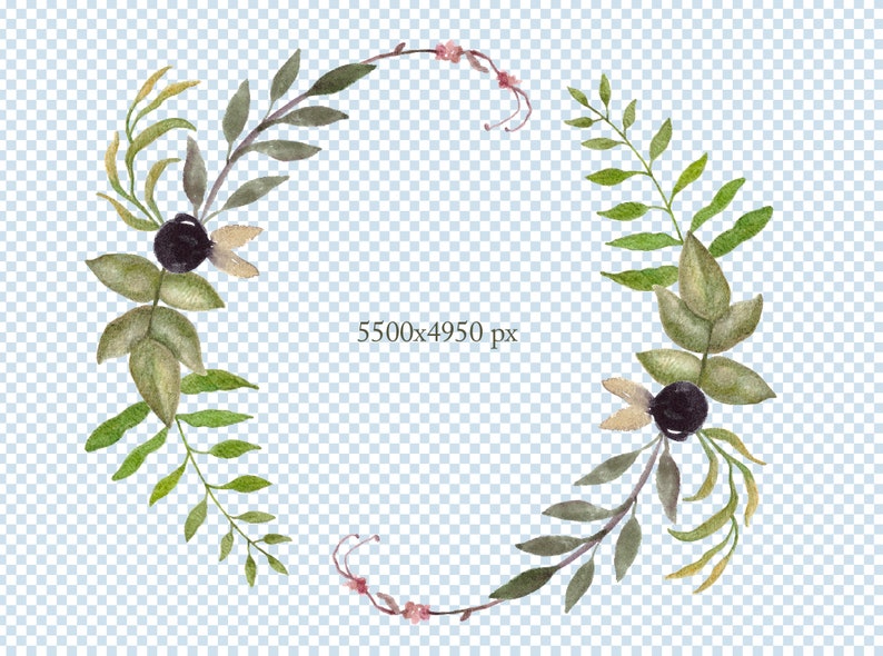 Hand Painted Watercolor Wreath Clipart Wedding DIY Invitation Frame Design Floral Clip Art Foliage Leaves PNG Free Commercial Use Digital
