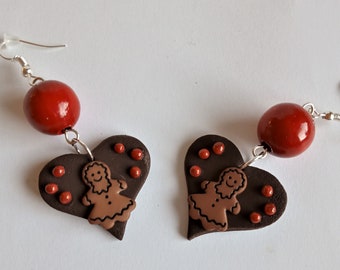 Christmas Gingerbread Heart Earrings: Polymer Clay Festive Jewelry