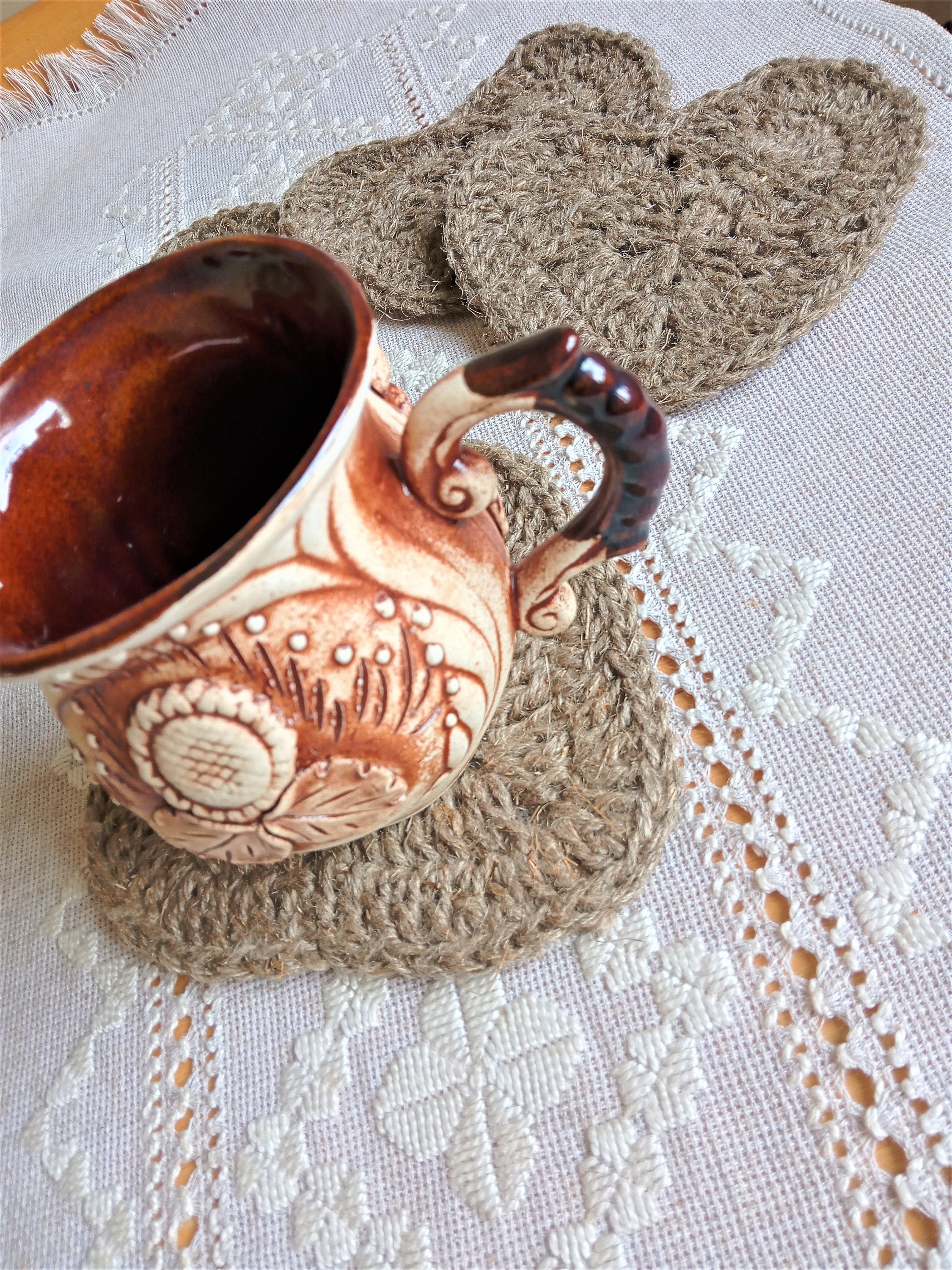 Handwoven Crochet Jute Coasters Jute Heart Coasters Etsy