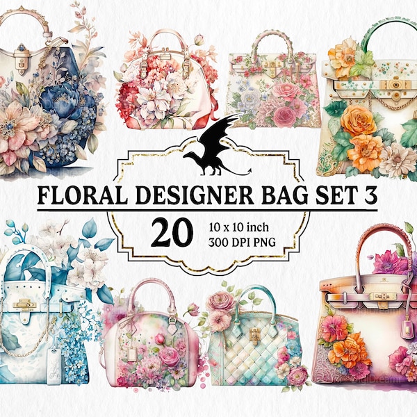 20 Watercolor Floral Designer Bag set 3 Clipart PNG -Floral flower chic purse for commercial use, instant download