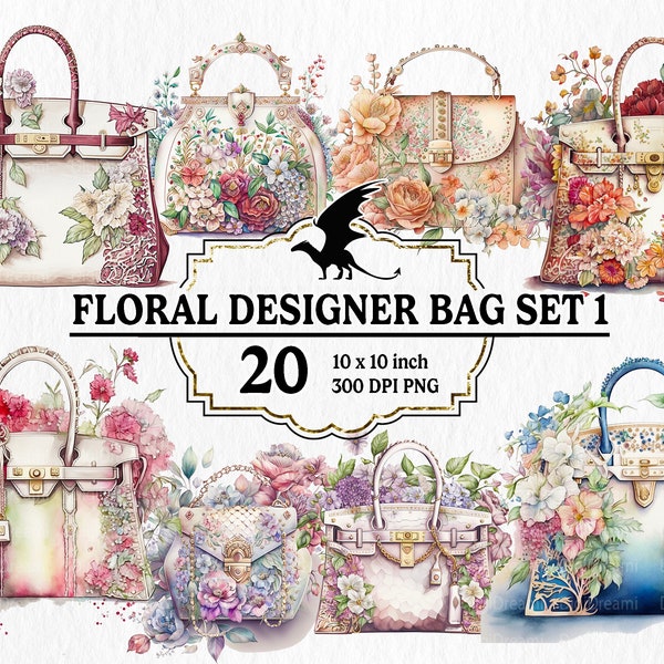 20 Watercolor Floral Designer Bag set 1 Clipart PNG -Floral flower chic purse for commercial use, instant download