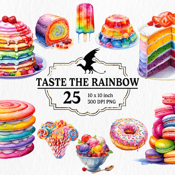 25 Watercolor Taste The Rainbow Clipart PNG - Rainbow Dessert Heaven, Sweet treat, for commercial use, instant download