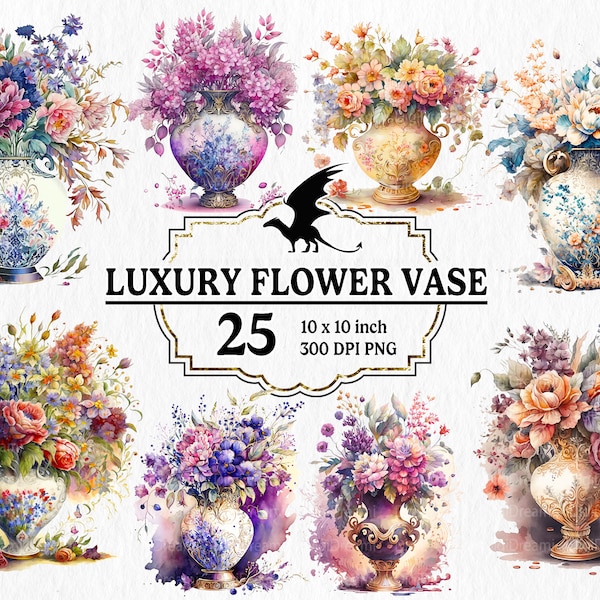 25 Watercolor Luxury Flower Vase Clipart PNG - Enchanted flowers fantasy flowers for commercial use instant download