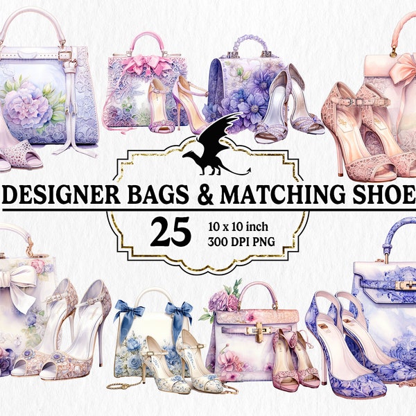 25 Watercolor Designer Bags and Matching Shoes Clipart PNG - Enchanted Elegance, Chic Handbag Purse, for commercial use, instant download.