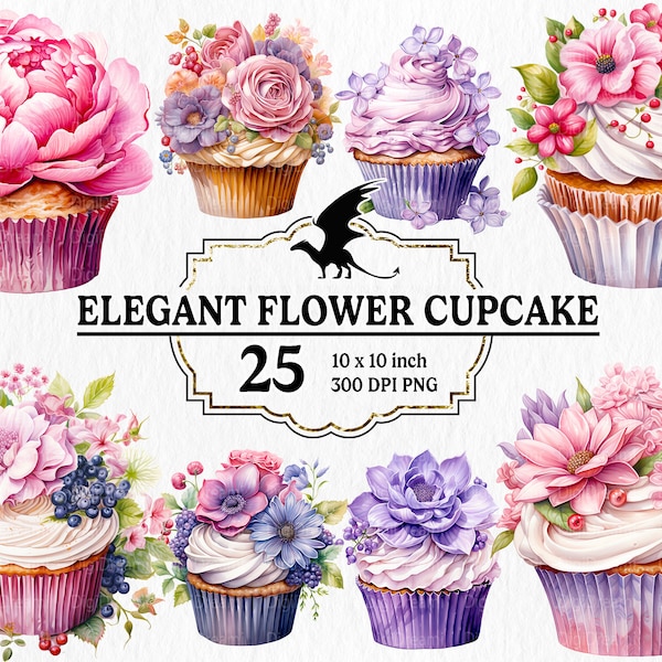 25 Watercolor Elegant Flower Cupcake Clipart PNG- floral cupcake, floral muffin, muffin with flowers, for commercial use, instant download